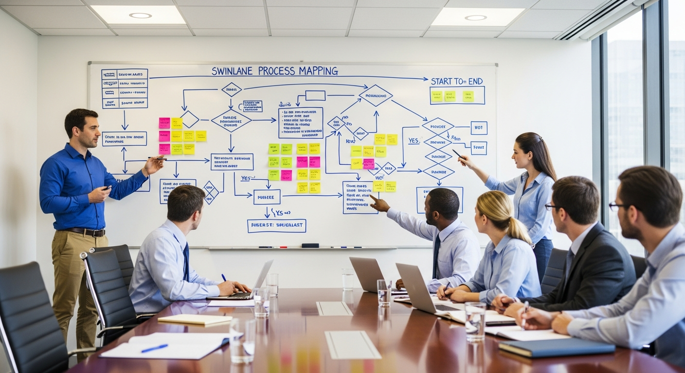 Process mapping workshop with team designing workflow diagrams